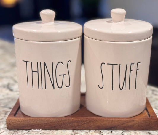 New Rae Dunn white ceramic THINGS & STUFF storage jars on wood block