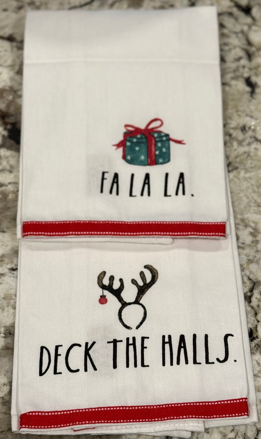 New Rae Dunn 2-piece Christmas kitchen towel set FA LA LA. DECK THE HALLS