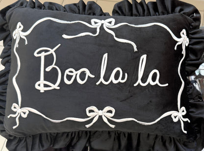 New black ruffled Halloween bow throw pillow decor BOO LA LA 14x20