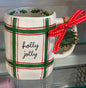 New Rae Dunn white & green plaid ceramic coffee mug Christmas decor HOLLY JOLLY