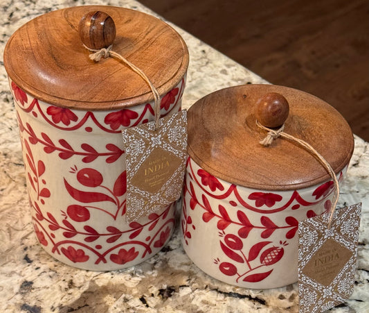 New Made in India 2-piece ceramic red poppy floral wood lid canister set 7” & 5”