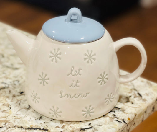 New Rae Dunn white/blue lid ceramic snowflake print teapot LET IT SNOW