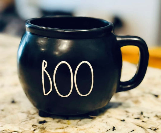 New Rae Dunn black ceramic caldron Halloween coffee mug BOO