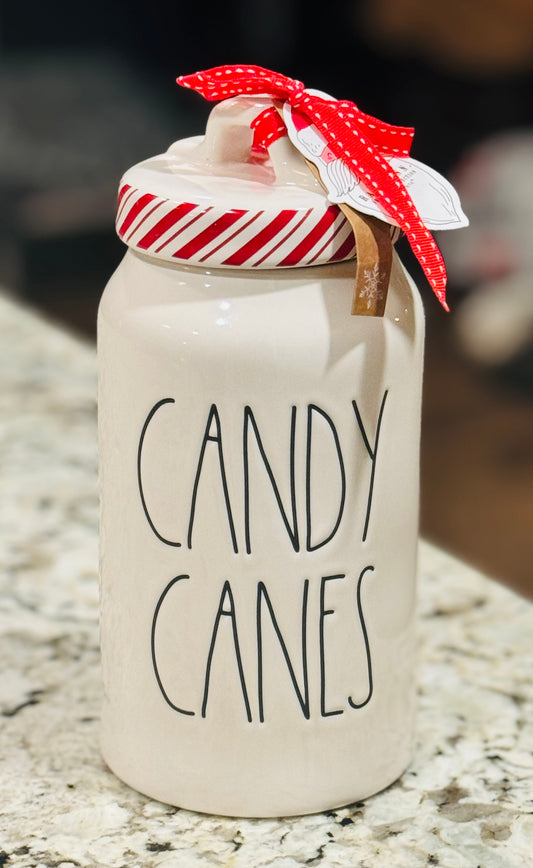 New Rae Dunn white ceramic 9” Christmas canister CANDY CANES striped top