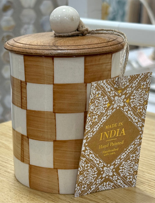 New Made in India taupe check ceramic mini storage jar