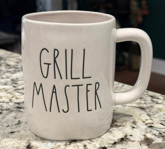 New Rae Dunn white ceramic coffee mug GRILL MASTER (grill on back)