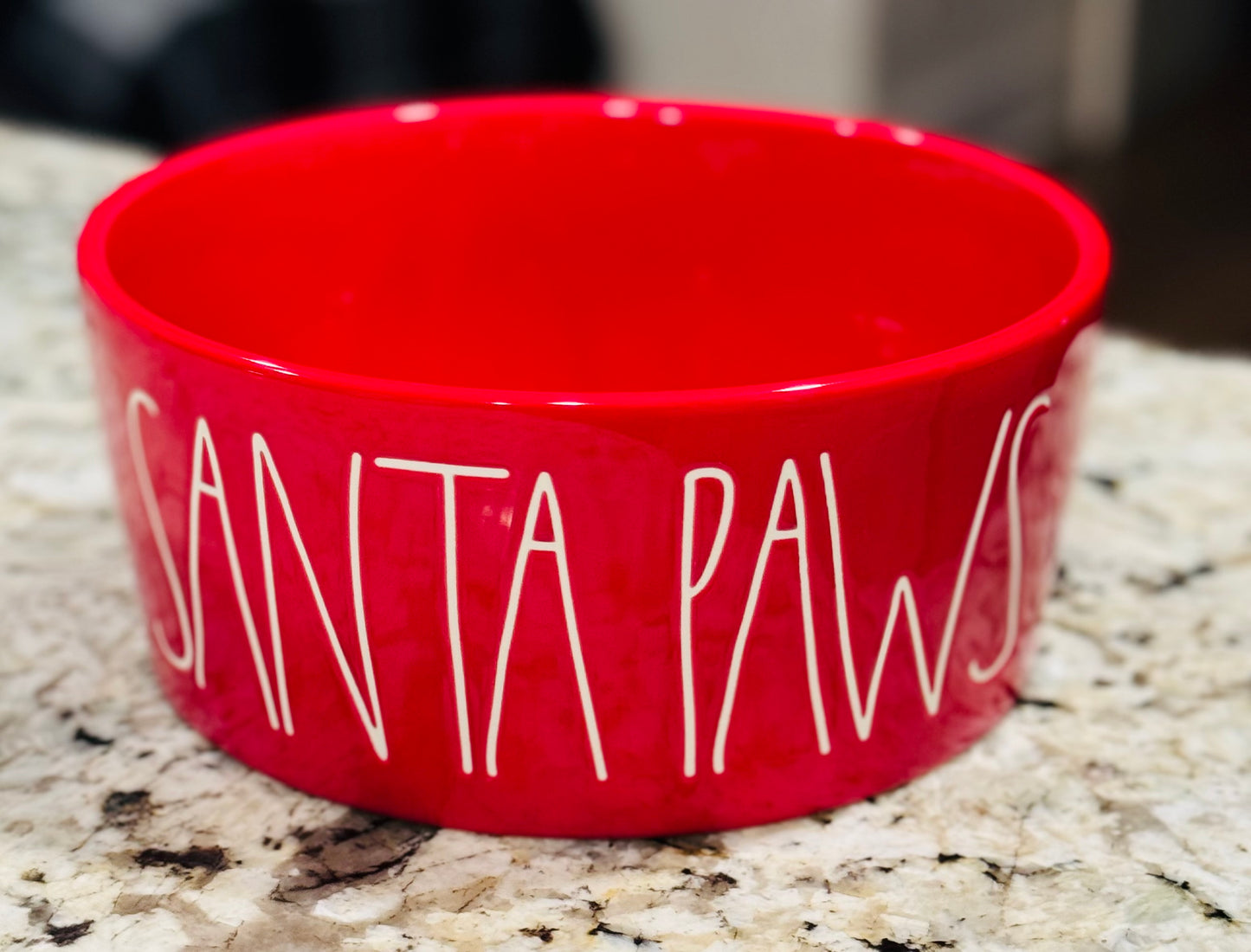 New Rae Dunn red ceramic Christmas pet bowl 8” SANTA PAWS