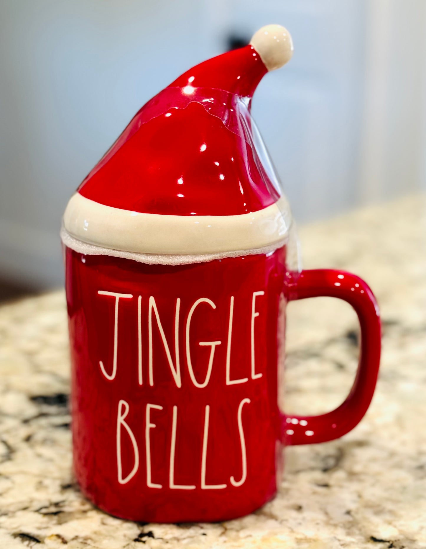 New Rae Dunn red ceramic coffee mug with hat topper JINGLE BELLS