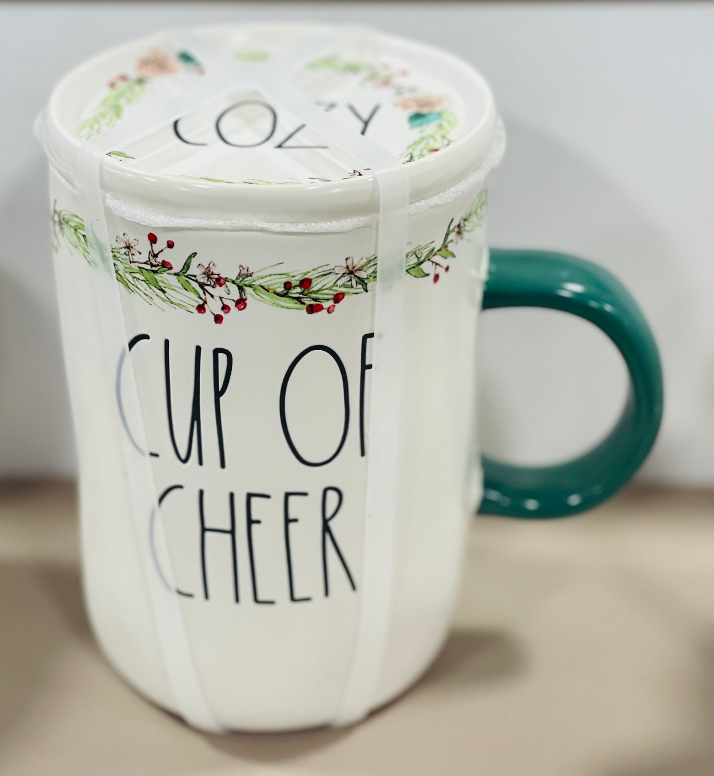 New Rae Dunn ceramic Christmas coffee mug with lid CUP OF CHEER