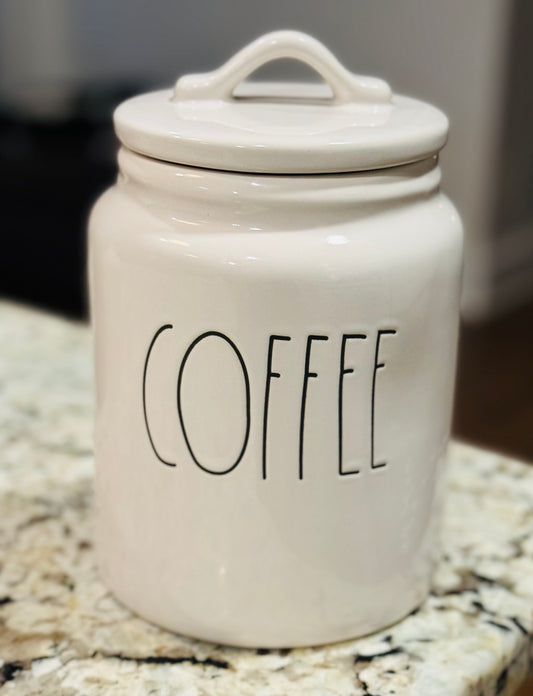 New Rae Dunn white ceramic 8” flat lid COFFEE canister