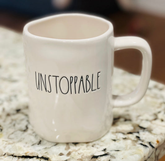 New Rae Dunn white ceramic coffee mug UNSTOPPABLE