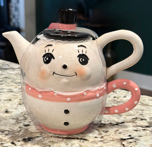 New Joanna Parker pastel snowman pour over teapot Christmas decor set