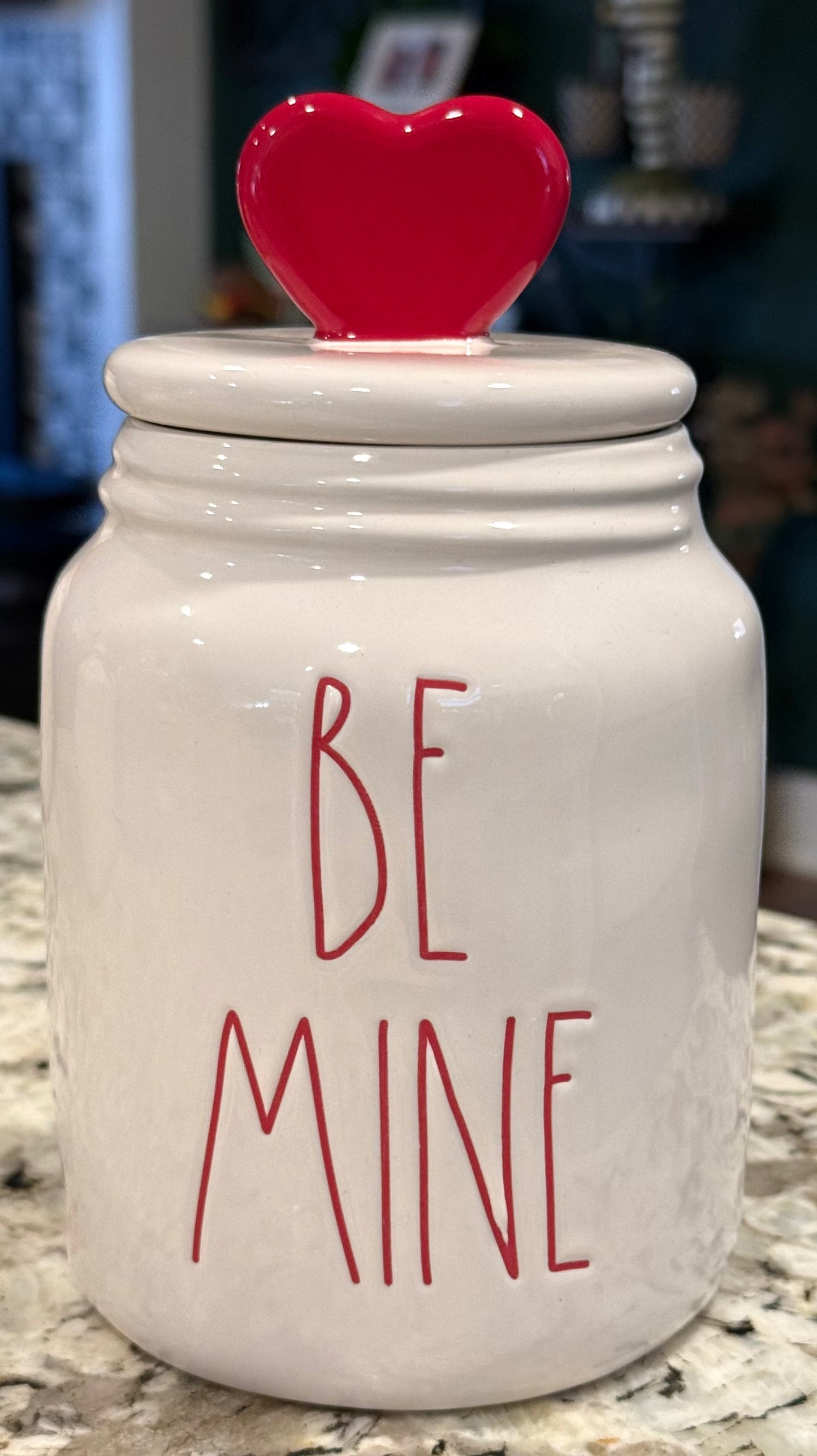New Rae Dunn white ceramic BE MINE heart topped canister