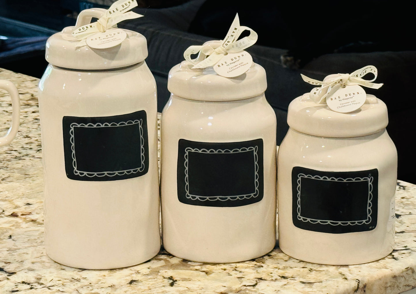 New Rae Dunn white ceramic chalk board 3-piece canister set TAKE NOTE style