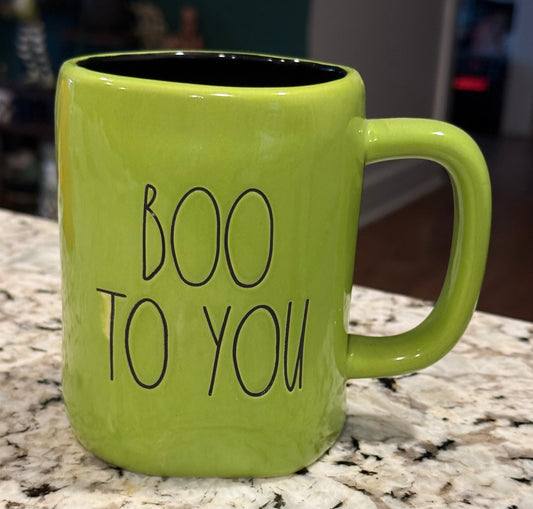 New Rae Dunn green ceramic Halloween coffee mug BOO TO YOU