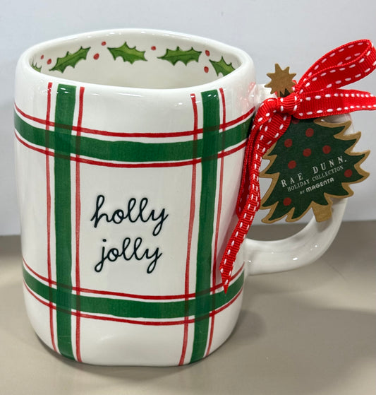 New Rae Dunn green plaid ceramic Christmas coffee mug HOLLY JOLLY
