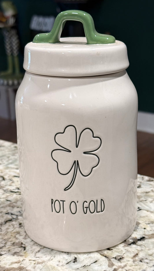 New Rae Dunn white 8” ceramic St. Patrick’s Day canister ☘️ POT O’ GOLD