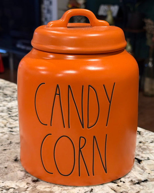 New Rae Dunn orange ceramic Halloween decor 8” canister CANDY CORN