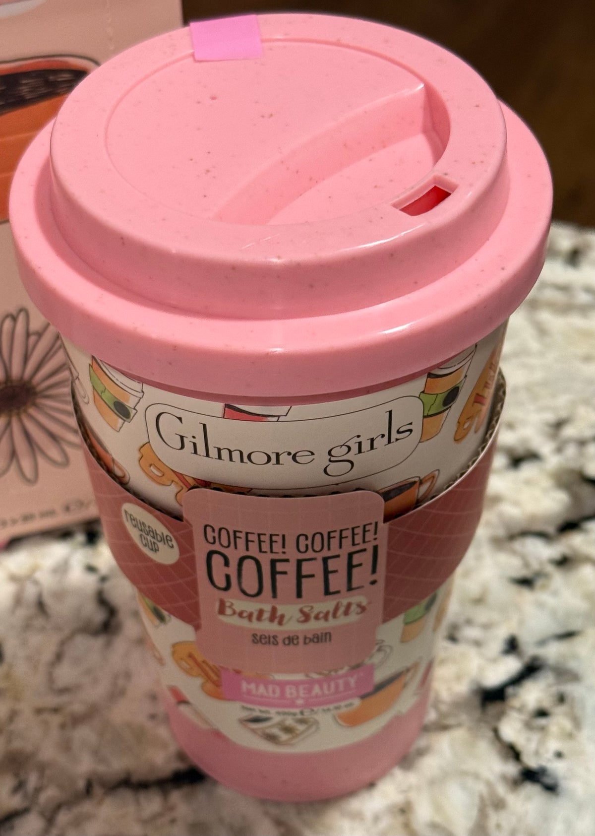 New Mad Beauty The Gilmore Girls pink travel coffee cup bath salts gift cup