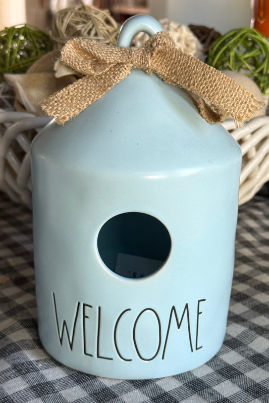 Rae Dunn blue ceramic acorn birdhouse WELCOME