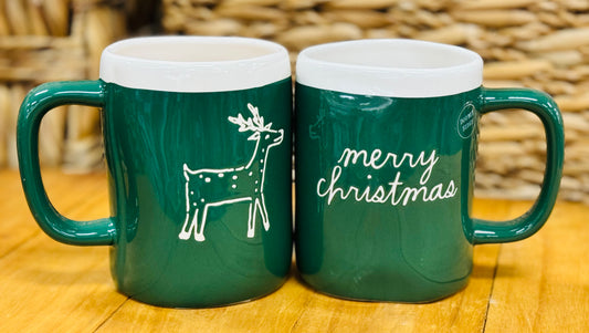 New Rae Dunn green ceramic Christmas mug MERRY CHRISTMAS reindeer back