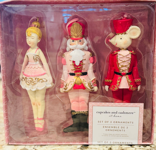 New Cupcakes and Cashmere 3-piece pastel ornament set ballerina, nutcracker, mouse