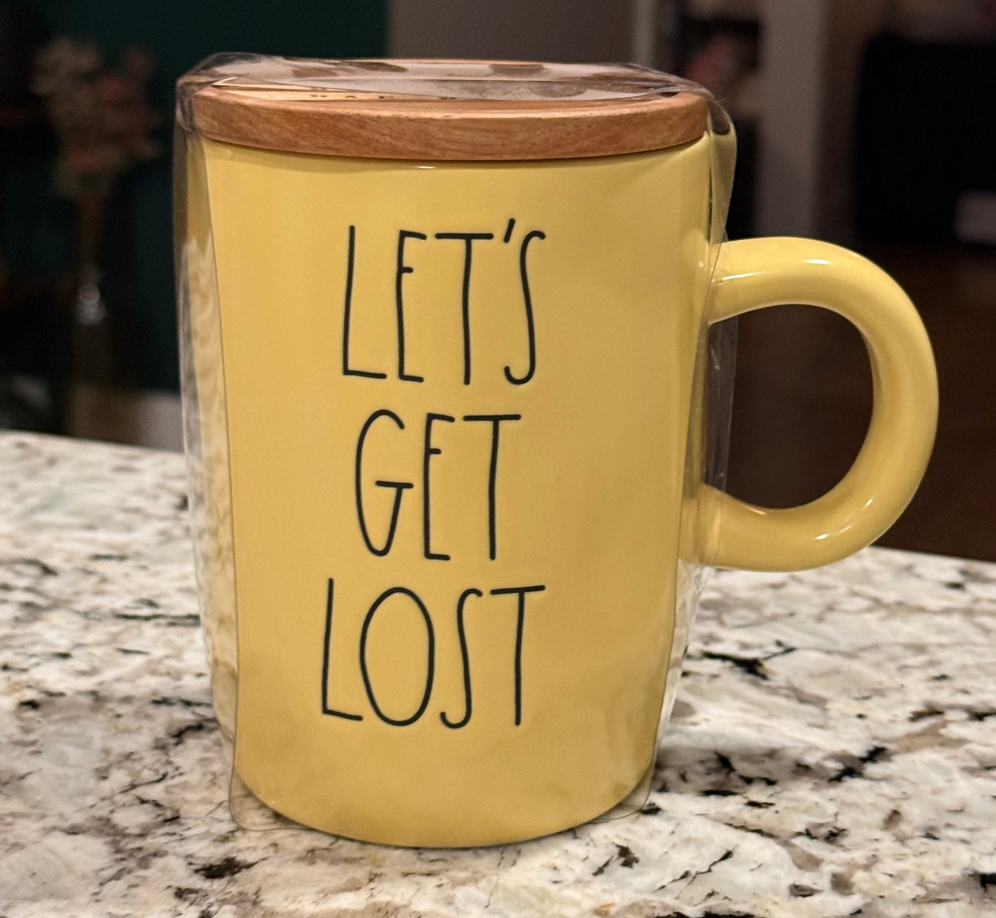 New Rae Dunn yellow ceramic coffee mug LET’S GET LOST