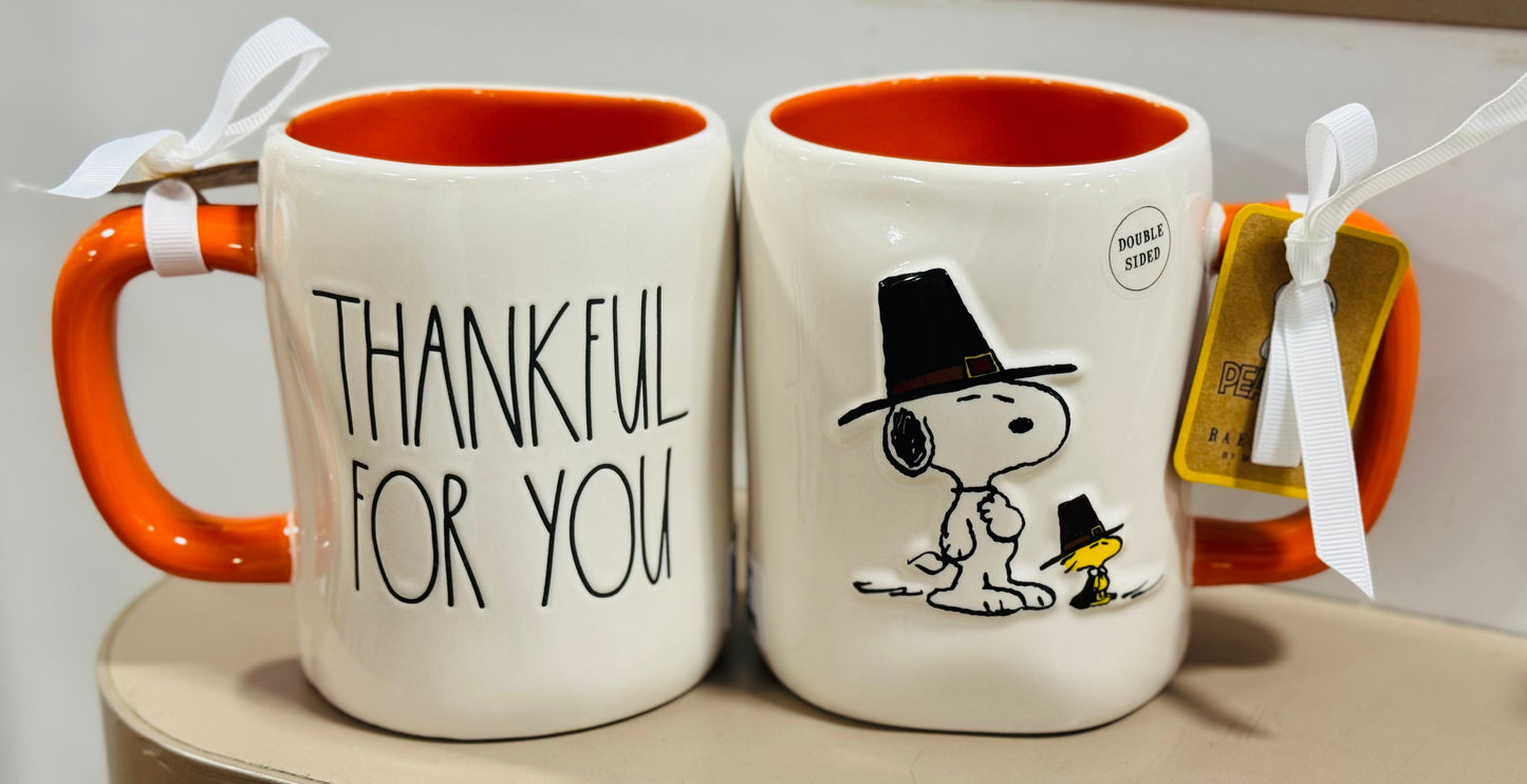 New Rae Dunn x Peanuts Snoopy ceramic Fall coffee mug Charlie Brown THANKFUL FOR YOU