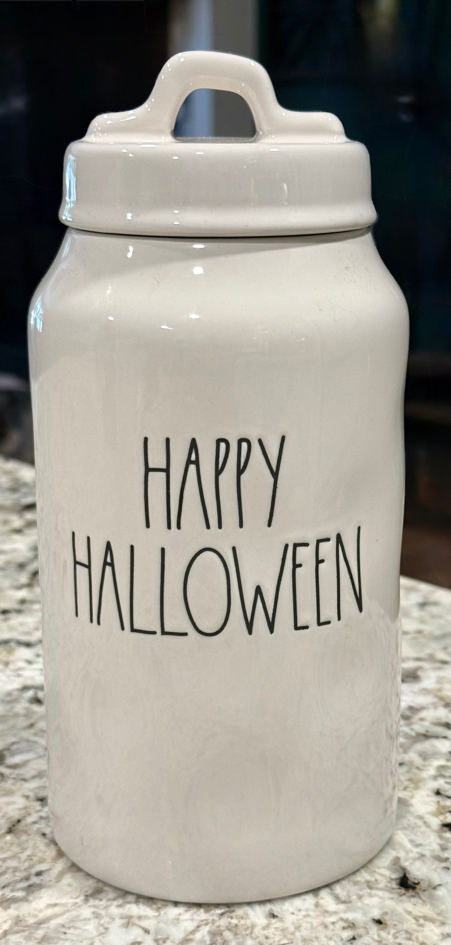 New Rae Dunn white ceramic Halloween decor canister 9” HAPPY HALLOWEEN