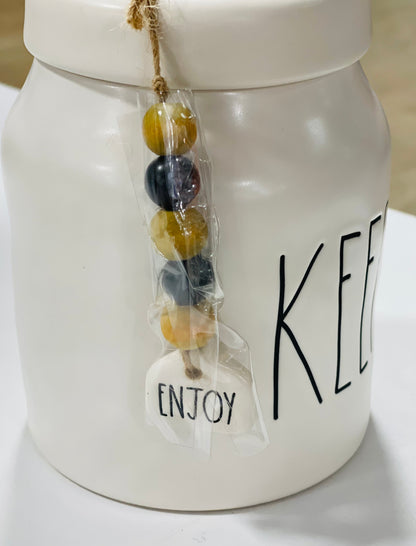 New Release Rae Dunn white ceramic baby KEEP canister with ENJOY beads