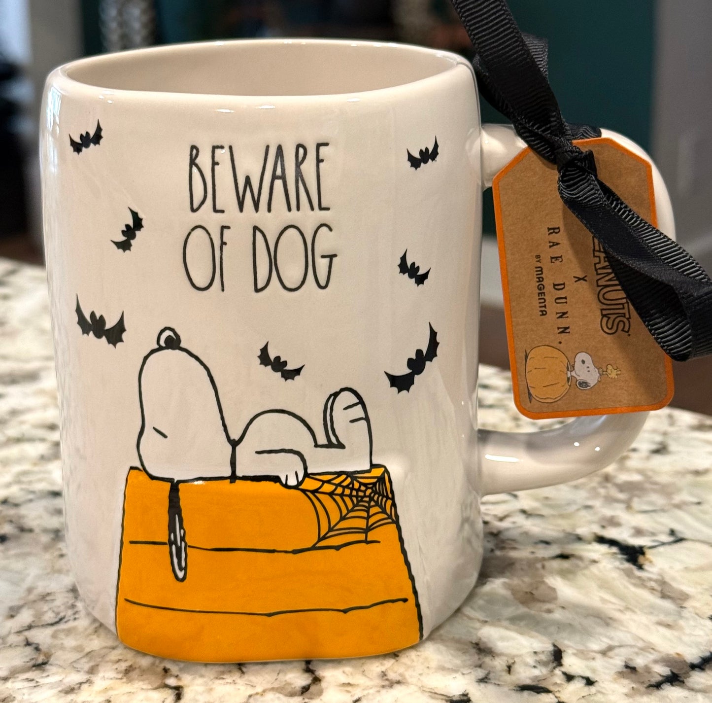 New Rae Dunn x Peanuts Snoopy ceramic Halloween coffee mug BEWARE OF DOG