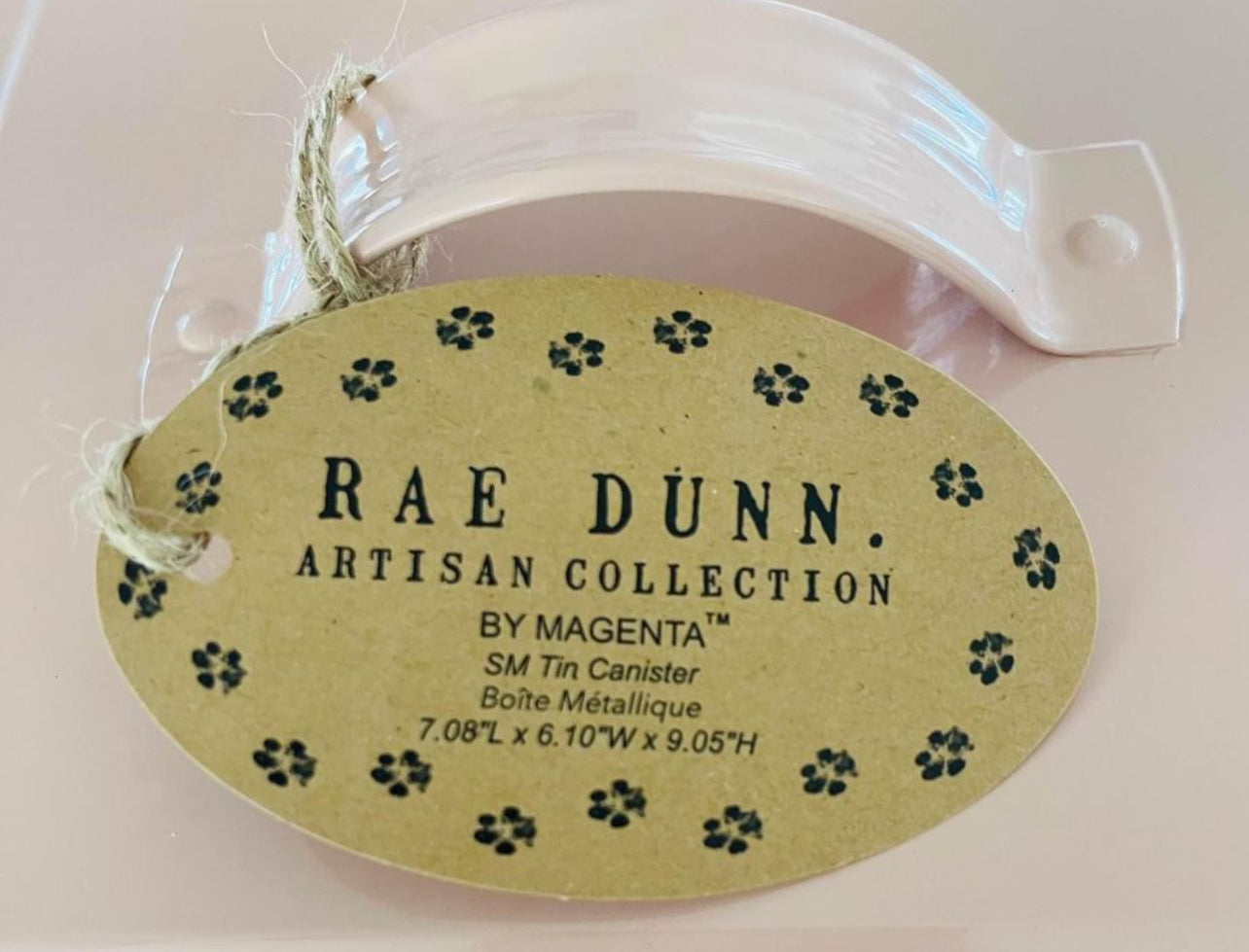 New Rae Dunn pink metal PAWS OFF storage container - size in second pic