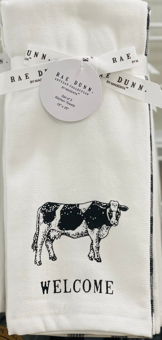 New Rae Dunn Farmline cow 3-piece hand towel set WELCOME