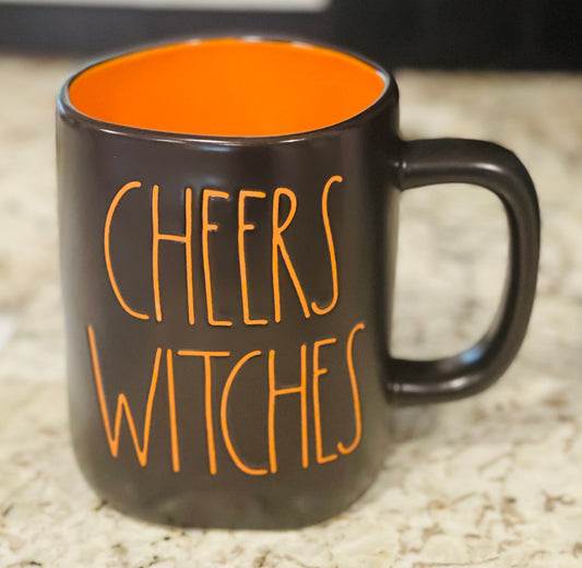 New Rae Dunn black Halloween theme ceramic coffee mug CHEERS WITCHES