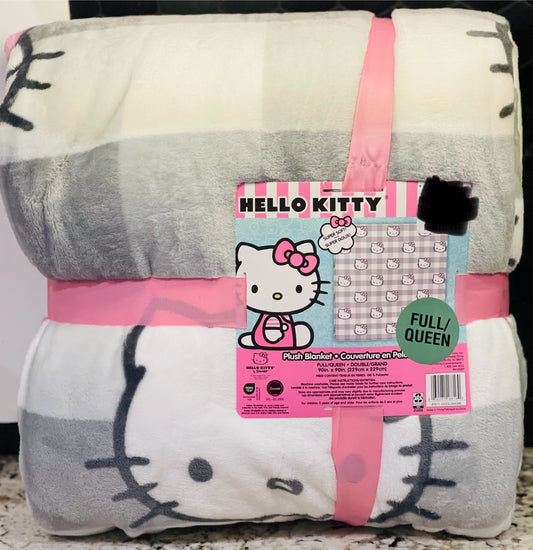 New Hello Kitty FULL/QUEEN 90x90 Gray plaid blanket bedding pink ribbon