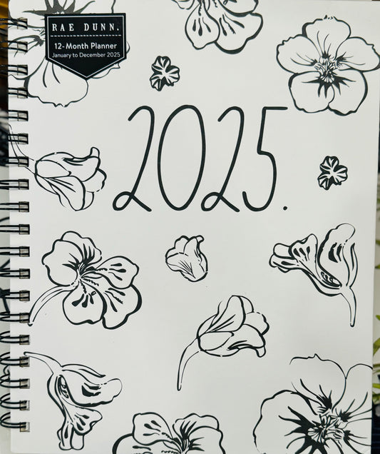 New Rae Dunn 2025 Planner white/black floral spiral hardback