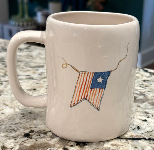 New Rae Dunn white patriotic USA Ceramic coffee mug/ flag on back