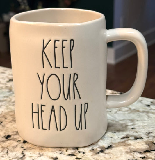 New Rae Dunn white ceramic coffee mug KEEP YOUR HEAD UP