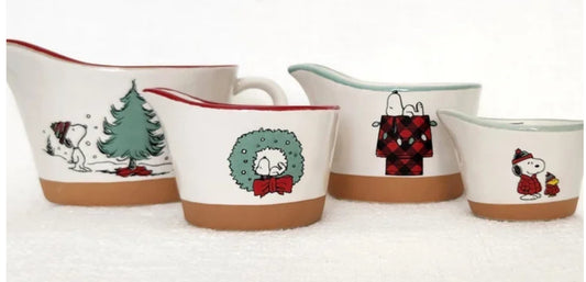 New Rae Dunn x Peanuts Snoopy ceramic Christmas measuring cup set