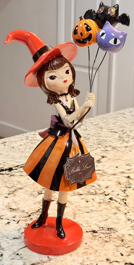 New Bella Lux vintage girl with balloons bunch Halloween decor 15” tall