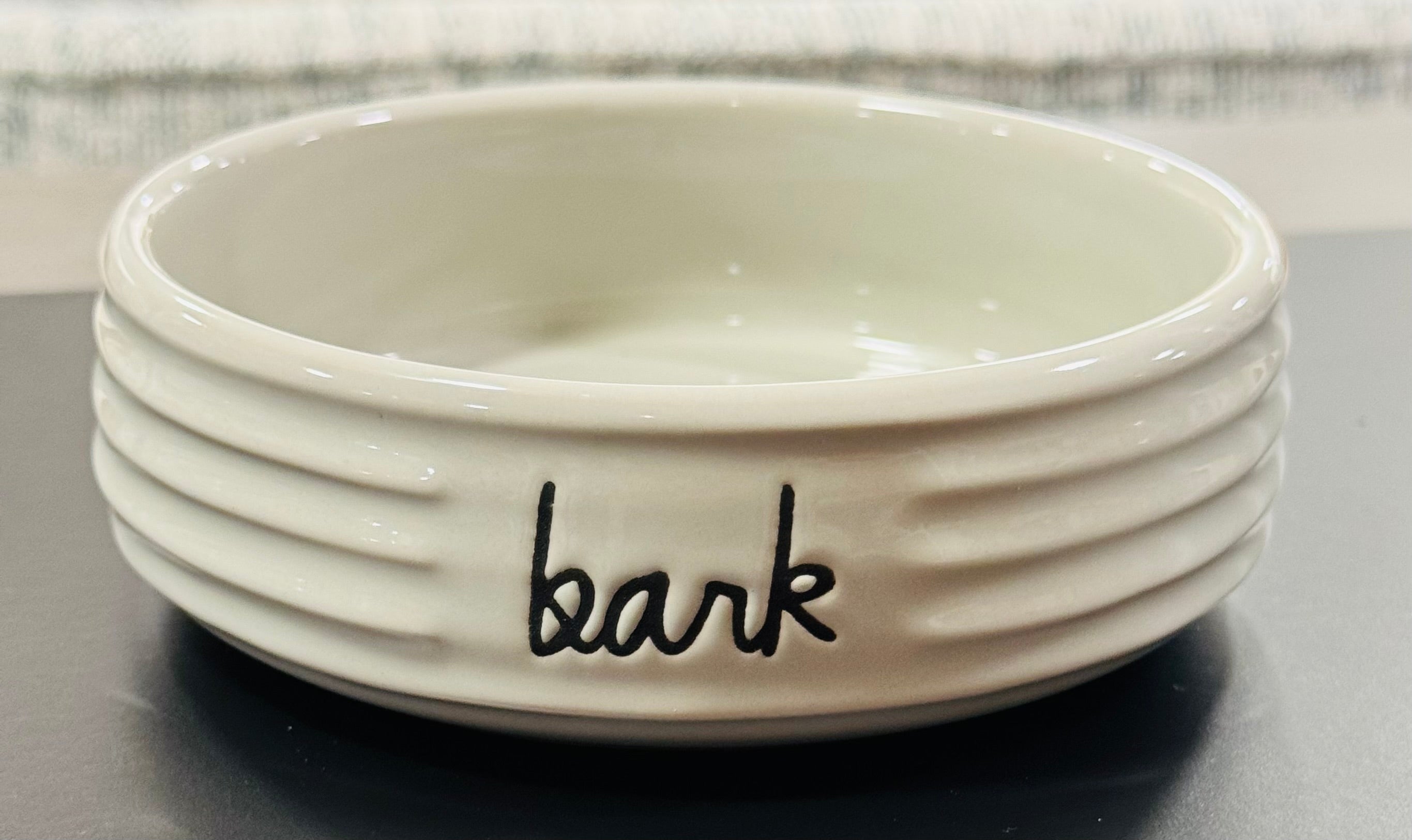 New Rae Dunn ceramic gray pet bowl BARK You re Never Quite Dunn