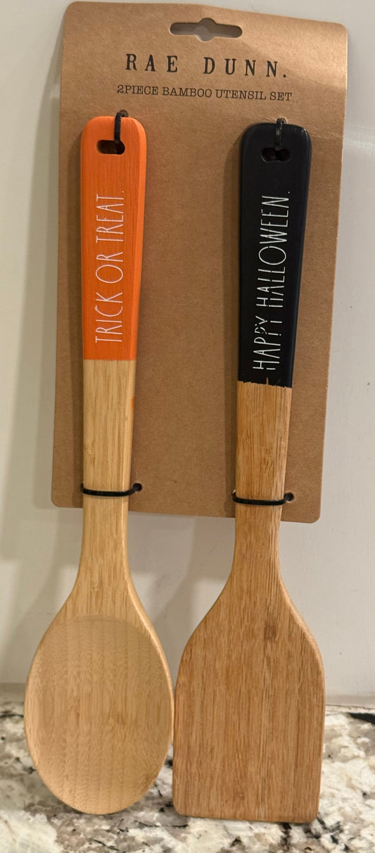 New Rae Dunn Halloween 2-piece bamboo utensil set TRICK OR TREAT/HAPPY HALLOWEEN
