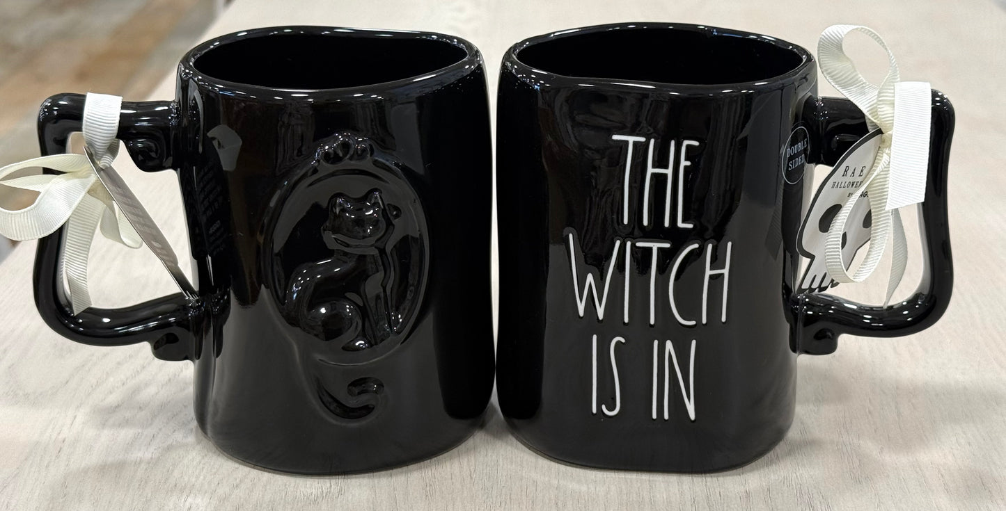 New Rae Dunn black iridescent ceramic Halloween coffee mug THE WITCH IS IN