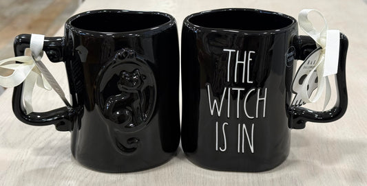 New Rae Dunn black iridescent ceramic Halloween coffee mug THE WITCH IS IN