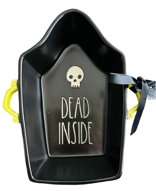 New Rae Dunn black ceramic Halloween coffin baking dish DEAD INSIDE