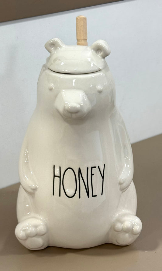 New Rae Dunn white ceramic bear HONEY 🍯 pot with spoon