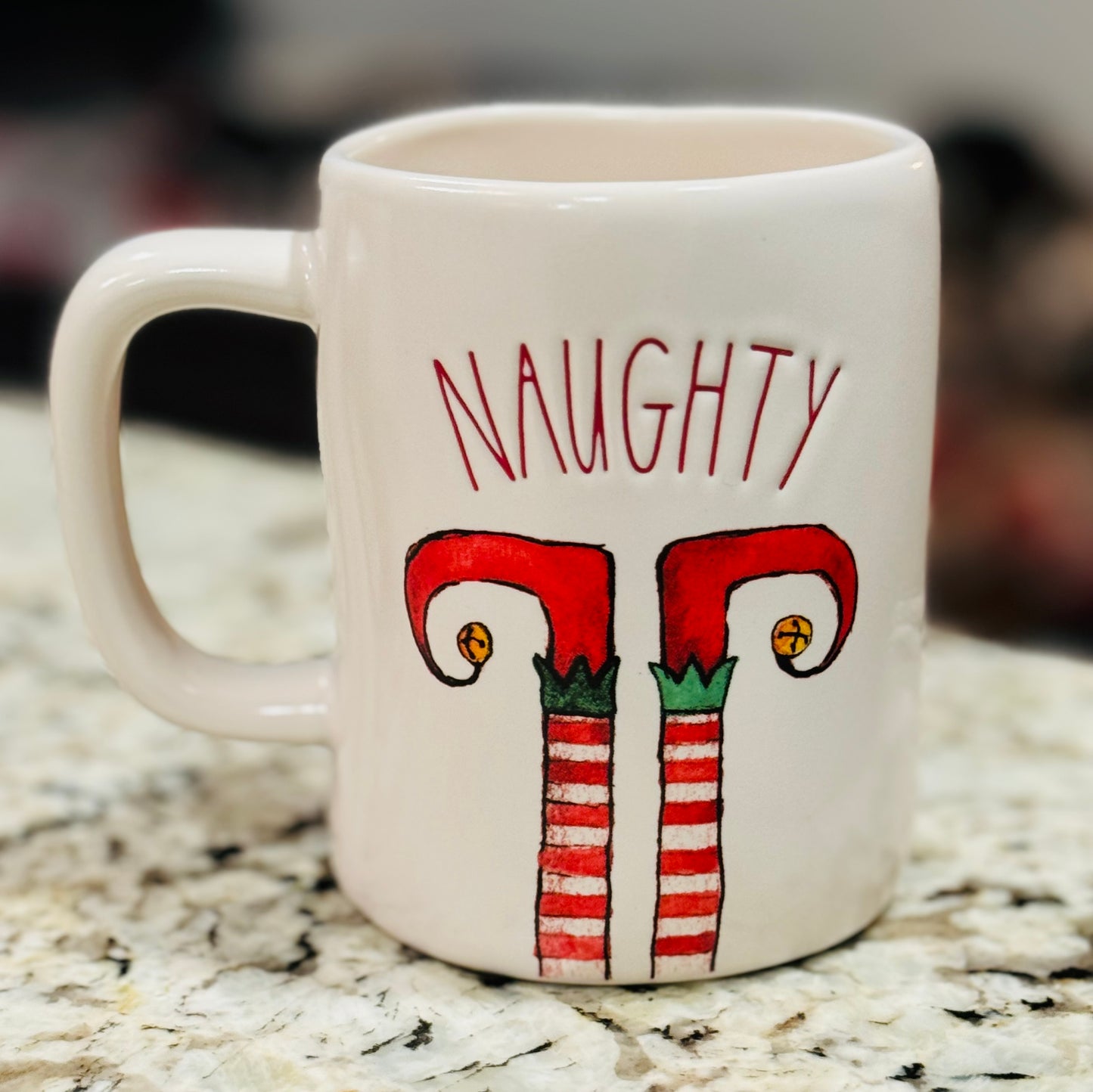 New Rae Dunn white ceramic NAUGHTY/NICE elf feet coffee mug