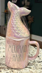 New Rae Dunn pink iridescent ceramic coffee mug mermaid tail topper MERMAID HAIR/DON’T CARE