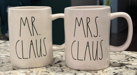 New Rae Dunn white ceramic Christmas decor coffee mug set MR & MRS CLAUS