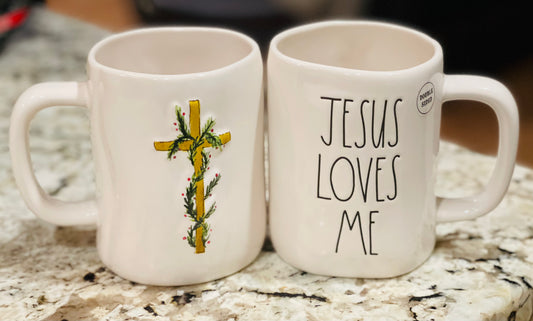 New Rae Dunn white ceramic Christmas coffee mug JESUS LOVES ME